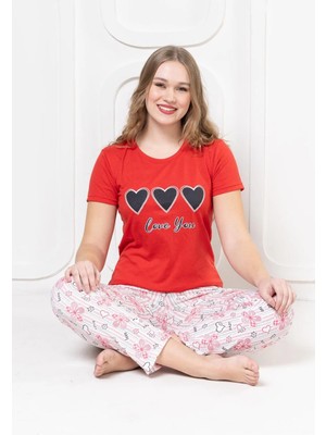 FullaModa Kalp Baskılı Kısa Kollu Pijama Takımı