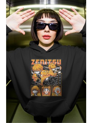 Sevbano Zenitsu Agatsuma Kimetsu No Yaiba Anime Ön Baskılı Unisex Oversize Premium Hoodie