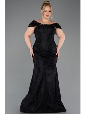 Abiyefon Kayık Yaka Peplum Uzun Dantel Büyük Beden Abiye ABU5824