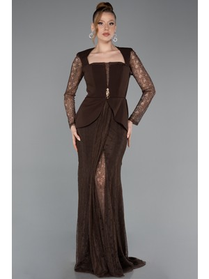 Abiyefon Dantelli Uzun Kol Peplum Kesim Abiye Elbise ABU6014