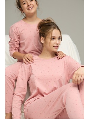 Siyah İnci Pudra Kalp Desenli Pamuklu Bisiklet Yaka Örme Pijama TAKIM25241123