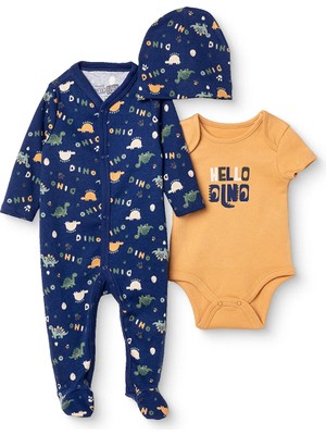 Hellobaby Erkek Bebek Tulum-Body-Şapka Hayvan Baskılı Çıtçıtlı Bisiklet Yaka Uzun Kol Patikli