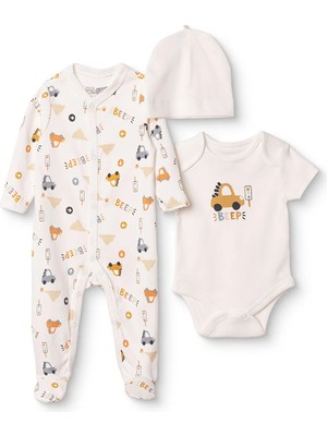 Hellobaby Erkek Bebek Tulum-Body-Şapka Araba Baskılı Çıtçıtlı Bisiklet Yaka Uzun Kol Patikli