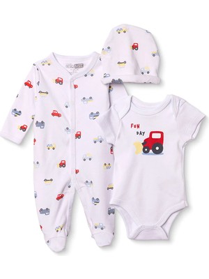 Hellobaby Erkek Bebek Tulum-Body-Şapka Araba Baskılı Çıtçıtlı Bisiklet Yaka Uzun Kol Patikli