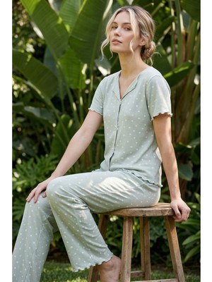 Siyah İnci Mint Puan Desenli Fiyonklu Fitilli Kaşkorse Örme Pijama Takım 26120553