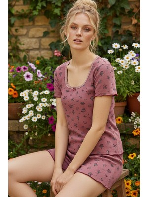 Siyah İnci Gülkurusu Çiçek Desenli Dantelli Fitilli Kaşkorse Örme Şortlu Pijama Takım 26120052