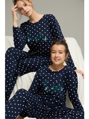 Siyah İnci Lacivert Puan Desenli Pamuklu Bisiklet Yaka Örme Pijama TAKIM25241121