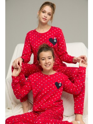 Siyah İnci Kırmızı Kalp Desenli Pamuklu Bisiklet Yaka Örme Pijama TAKIM25241153