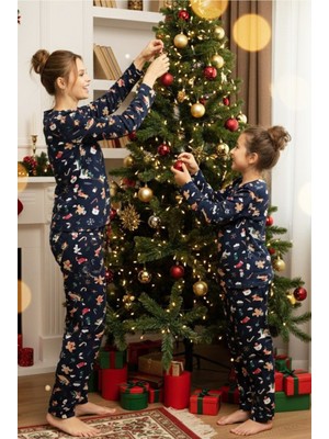 Siyah İnci Lacivert Kurabiye Yılbaşı Desenli Pamuklu Bisiklet Yaka Örme Pijama Takım 25241140