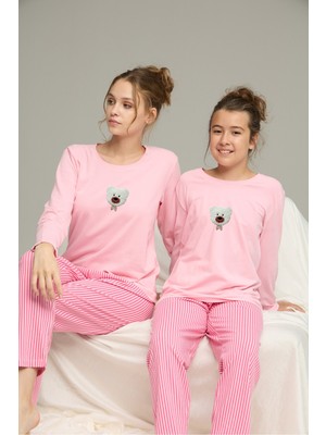 Siyah İnci Pembe Çizgi Desenli Pamuklu Bisiklet Yaka Örme Pijama TAKIM25241138