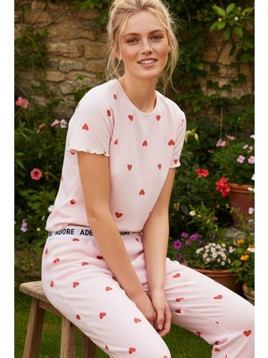 Siyah İnci Pembe Kalp Desenli Lastikli Fitilli Kaşkorse Örme Pijama TAKIM26120601