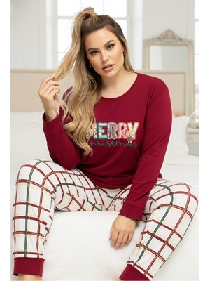 Siyah İnci Bordo Desenli Curve Büyük Beden Battal Boy Pamuklu Pijama TAKIM25240858