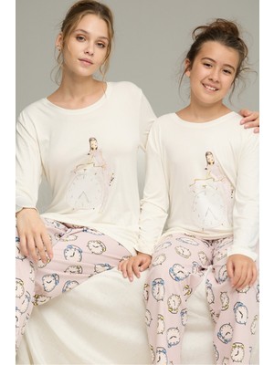 Siyah İnci Ekru Pembe Saat Desenli Pamuklu Bisiklet Yaka Örme Pijama TAKIM25241152