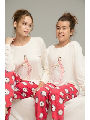 Siyah İnci Ekru Kırmızı Saat Desenli Pamuklu Bisiklet Yaka Örme Pijama TAKIM25241139