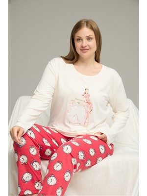 Siyah İnci Ekru Desenli Curve Büyük Beden Battal Boy Pamuklu Pijama TAKIM25240780