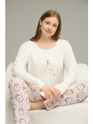 Siyah İnci Ekru Desenli Curve Büyük Beden Battal Boy Pamuklu Pijama TAKIM25240829