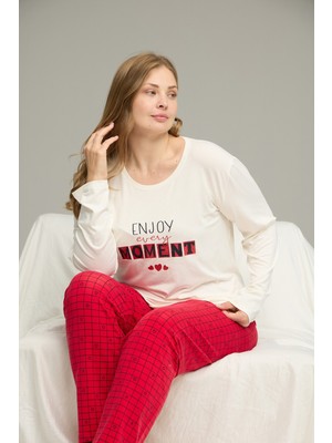 Siyah İnci Ekru Desenli Curve Büyük Beden Battal Boy Pamuklu Pijama TAKIM25240791
