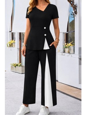 Defy Moda Kadın Kısa Kollu Asimetrik V Yakalı Yandan Düğmeli Janjankrep Bluz ve Pantolon Ikili Takım