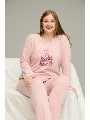Siyah İnci Pudra Desenli Curve Büyük Beden Battal Boy Pamuklu Pijama TAKIM25240843