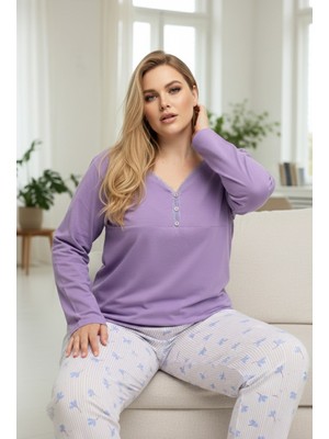 Siyah İnci Lila Desenli Curve Büyük Beden Battal Boy Pamuklu Pijama TAKIM25240759