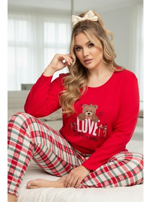Siyah İnci Kırmızı Ekose Desenli Curve Büyük Beden Battal Boy Pamuklu Pijama TAKIM25240760