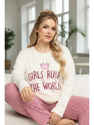 Siyah İnci Ekru Desenli Curve Büyük Beden Battal Boy Pamuklu Pijama TAKIM25240821