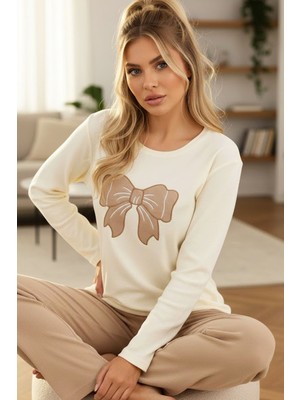 Siyah İnci Vizon Fiyonk Nakışlı Pamuklu Fitilli Kaşkorse Örme Pijama TAKIM25226012