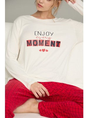 Siyah İnci Ekru Desenli Örme Pamuklu Pijama TAKIM25240207