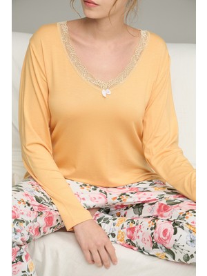Siyah İnci Sarı Desenli Örme Pamuklu Pijama TAKIM25240253