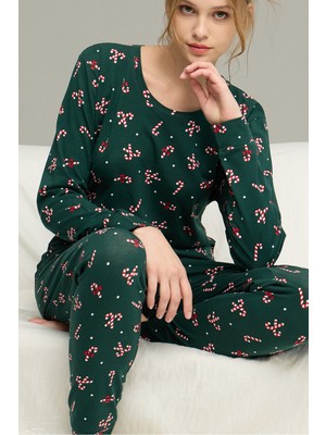 Siyah İnci Yeşil Şeker Desenli Örme Pamuklu Pijama TAKIM25240277
