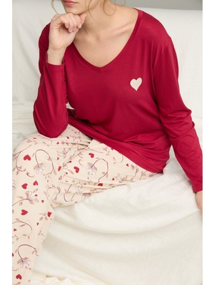Siyah İnci Bordo Desenli Örme Pamuklu Pijama TAKIM25240250