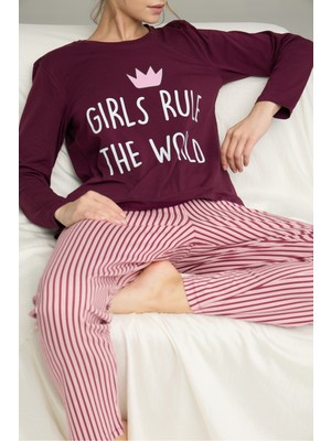 Siyah İnci Vişne Çizgi Desenli Örme Pamuklu Pijama TAKIM25240245