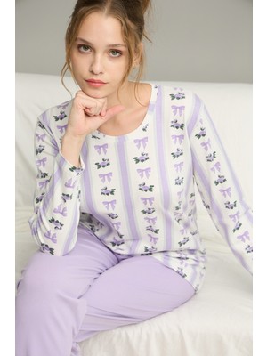 Siyah İnci Lila Kurdele Desenli Örme Pamuklu Pijama TAKIM25240270