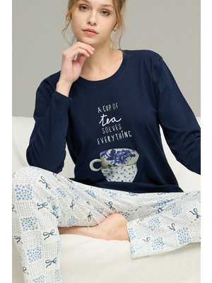 Siyah İnci Lacivert Desenli Örme Pamuklu Pijama TAKIM25240247