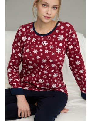 Siyah İnci Bordo Kar Desenli Örme Pamuklu Pijama TAKIM25240240