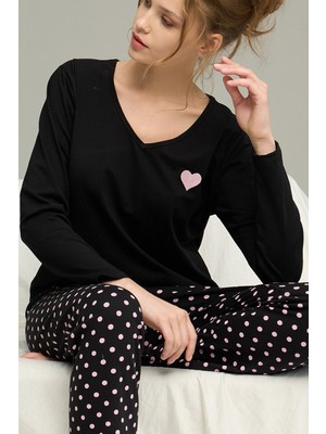 Siyah İnci Siyah Puan Desenli Örme Pamuklu Pijama TAKIM25240273