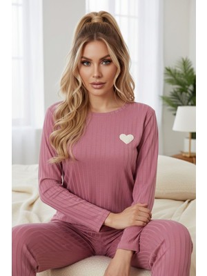 Siyah İnci Gülkurusu Kalp Nakışlı Fitilli Örme Pijama TAKIM25226003
