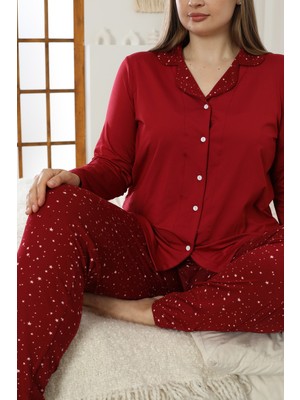Siyah İnci Bordo Desenli Büyük Beden Battal Boy Gömlek Yaka Düğmeli Milan Örme Pijama TAKIM25224316