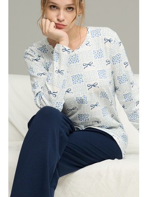 Siyah İnci Beyaz Çiçek Desenli Örme Pamuklu Pijama TAKIM25240198