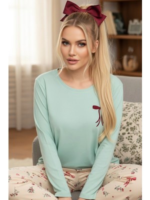 Siyah İnci Yeşil Desenli Örme Pamuklu Pijama TAKIM25240254