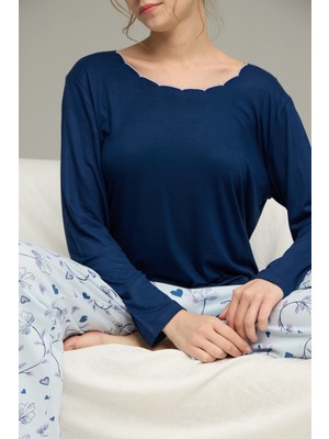 Siyah İnci Lacivert Desenli Örme Pamuklu Pijama TAKIM25240249