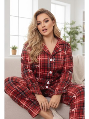 Siyah İnci Bordo Fiyonk Desenli Nakışlı Büyük Beden Polar Kışlık Örme Pijama Takım