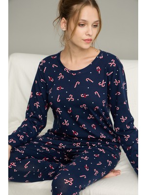 Siyah İnci Lacivert Şeker Desenli Örme Pamuklu Pijama TAKIM25240239
