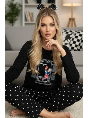 Siyah İnci Siyah Puan Desenli Örme Pamuklu Pijama TAKIM25240271