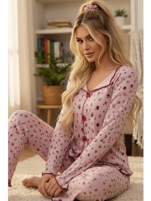 Siyah İnci Pudra Bordo Çiçek Desenli Pamuklu Fiyonklu Fitilli Örme Pijama Takım 2526004