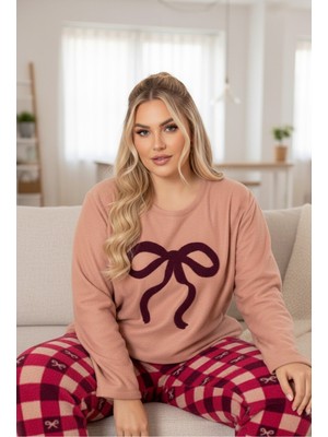 Siyah İnci Somon Fiyonk Nakışlı Desenli Büyük Beden Polar Kışlık Örme Pijama Takım