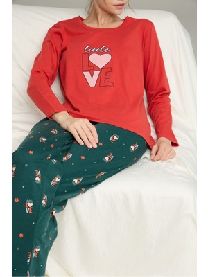 Siyah İnci Kiremit Desenli Örme Pamuklu Pijama TAKIM25240197