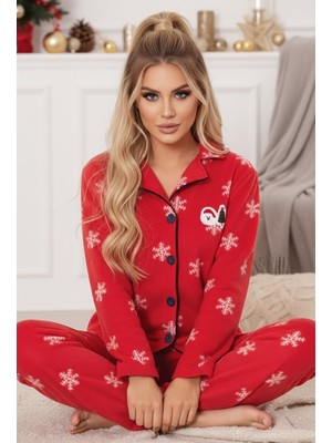 Siyah İnci Kırmızı Yılbaşı Temalı Nakışlı Kar Tanesi Desenli Polar Kışlık Örme Pijama Takım