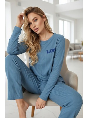 Siyah İnci Indigo Love Nakışlı Fitilli Örme Pijama TAKIM25226001