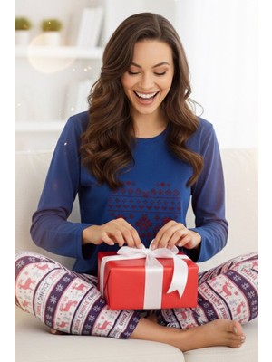 Siyah İnci Indigo Desenli Örme Pamuklu Pijama Takım 25240279